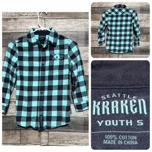 NHL Seattle Kraken Flannel Shirt Youth S Blue Plaid Button Up 100% Cotton